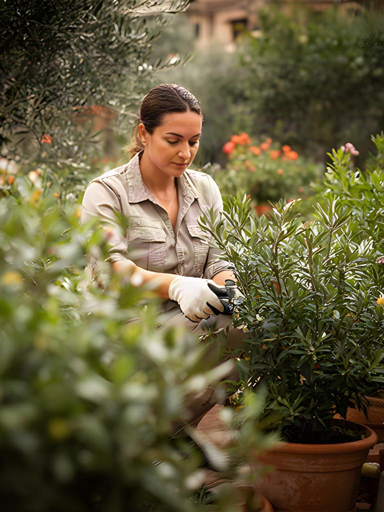 Giardiniera al lavoro tra piante mediterranee in un giardino privato vicino Ottaviano