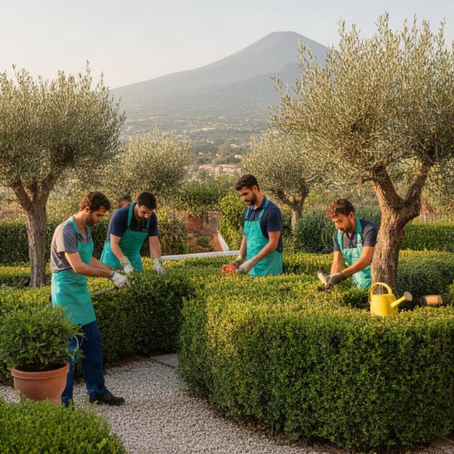 Squadra di giardinieri al lavoro in un giardino mediterraneo di Ottaviano, tra siepi curate e alberi ornamentali
