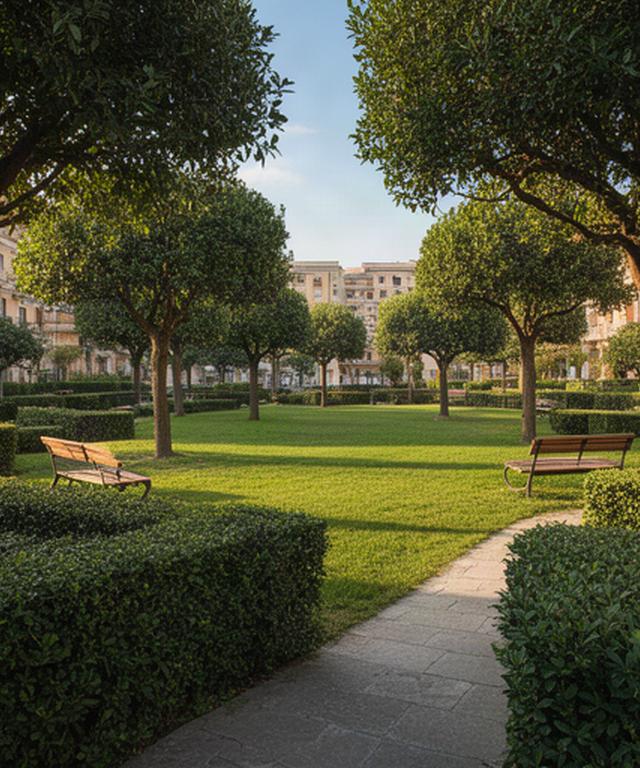 Parco condominiale a Somma Vesuviana con siepi ordinate, panchine accessibili e alberature sottoposte a potatura
