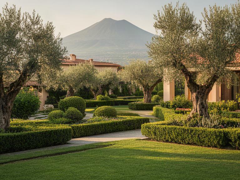 Giardino mediterraneo ben mantenuto ai piedi del Vesuvio, con prato, siepi e ulivi