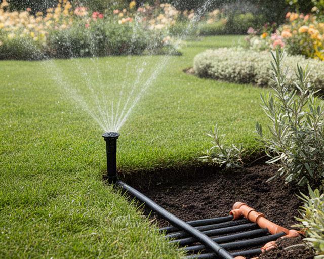 Impianto di irrigazione installato lungo aiuole verdi con tubazioni ordinate e gocciolatori visibili