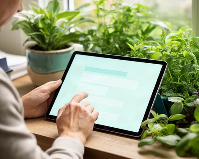 Persona che compila un modulo di contatto su un tablet vicino a piante da giardino