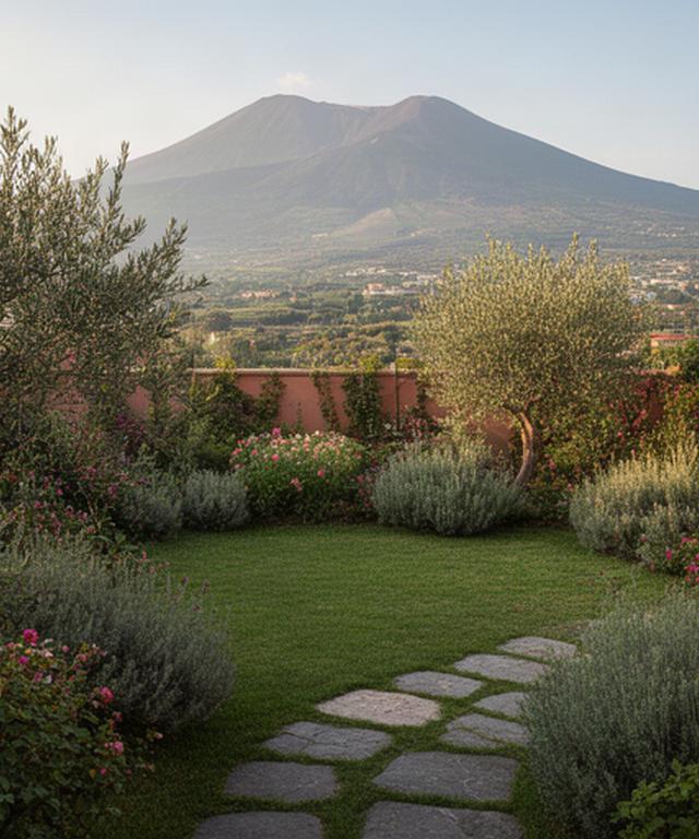 Piccolo giardino privato ai piedi del Vesuvio con prato, piante mediterranee e vialetto in pietra