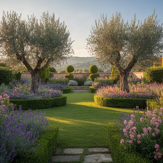 Giardino residenziale curato con prato, ulivi e aiuole fiorite nel paesaggio campano