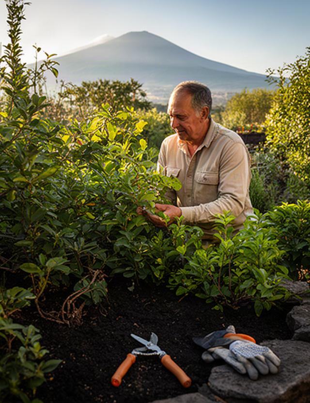 Giardiniere che controlla le piante in un giardino privato vicino al Vesuvio, con attrezzi professionali a terra