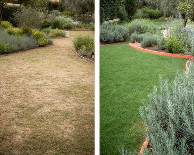 Confronto prima e dopo di un giardino di villetta a Ottaviano, con prato recuperato e nuove piante aromatiche